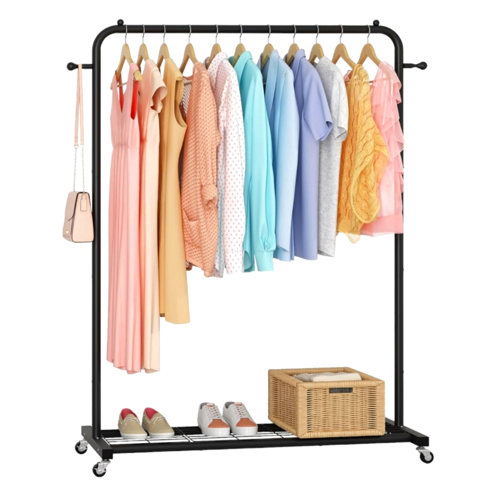 Black Metal Sturdy Rolling Garment Clothing Rack With Bottom Storage Shelf